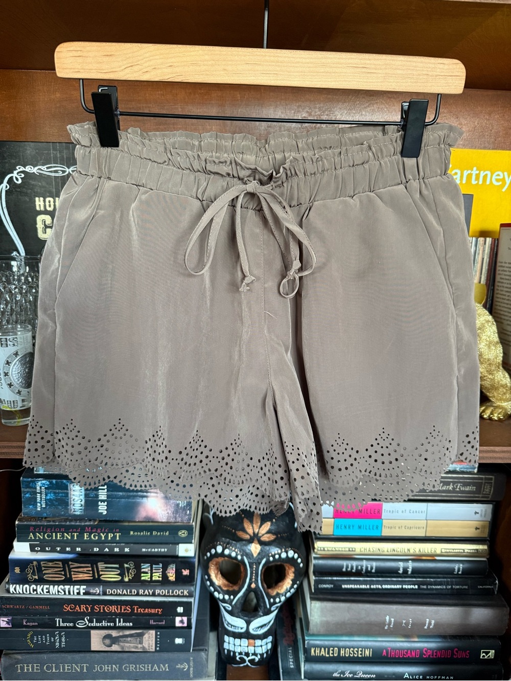 RD Style - Scalloped Laser-Cut Hem Drawstring High-Waist Shorts - Taupe - Medium
